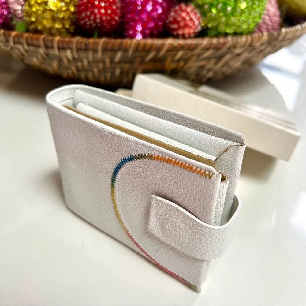 Vintage 1950s 1960s MCM Deadstock New in Box White Leather Rainbow Stitch Wallet
